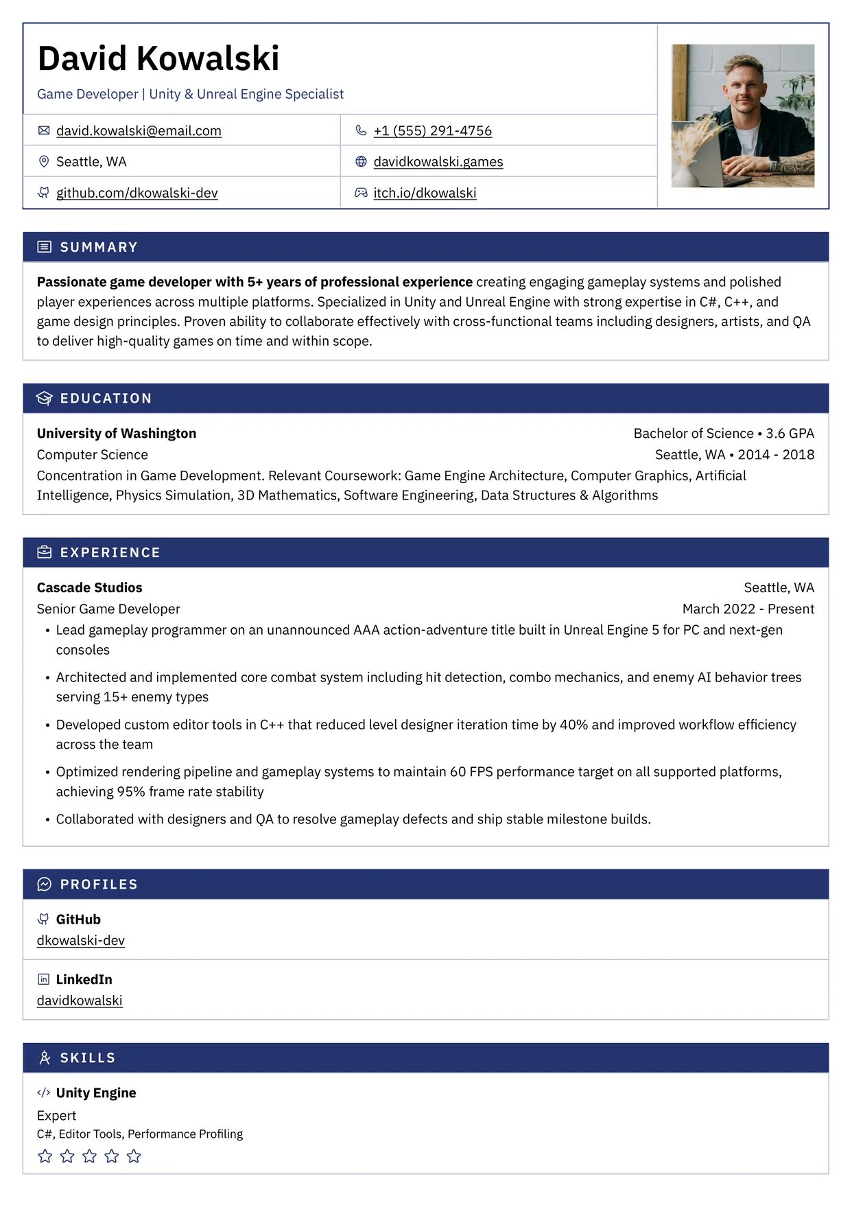 First page of a resume in the Porygon template: a bordered header of field cells and each section as a ruled table under a solid title bar