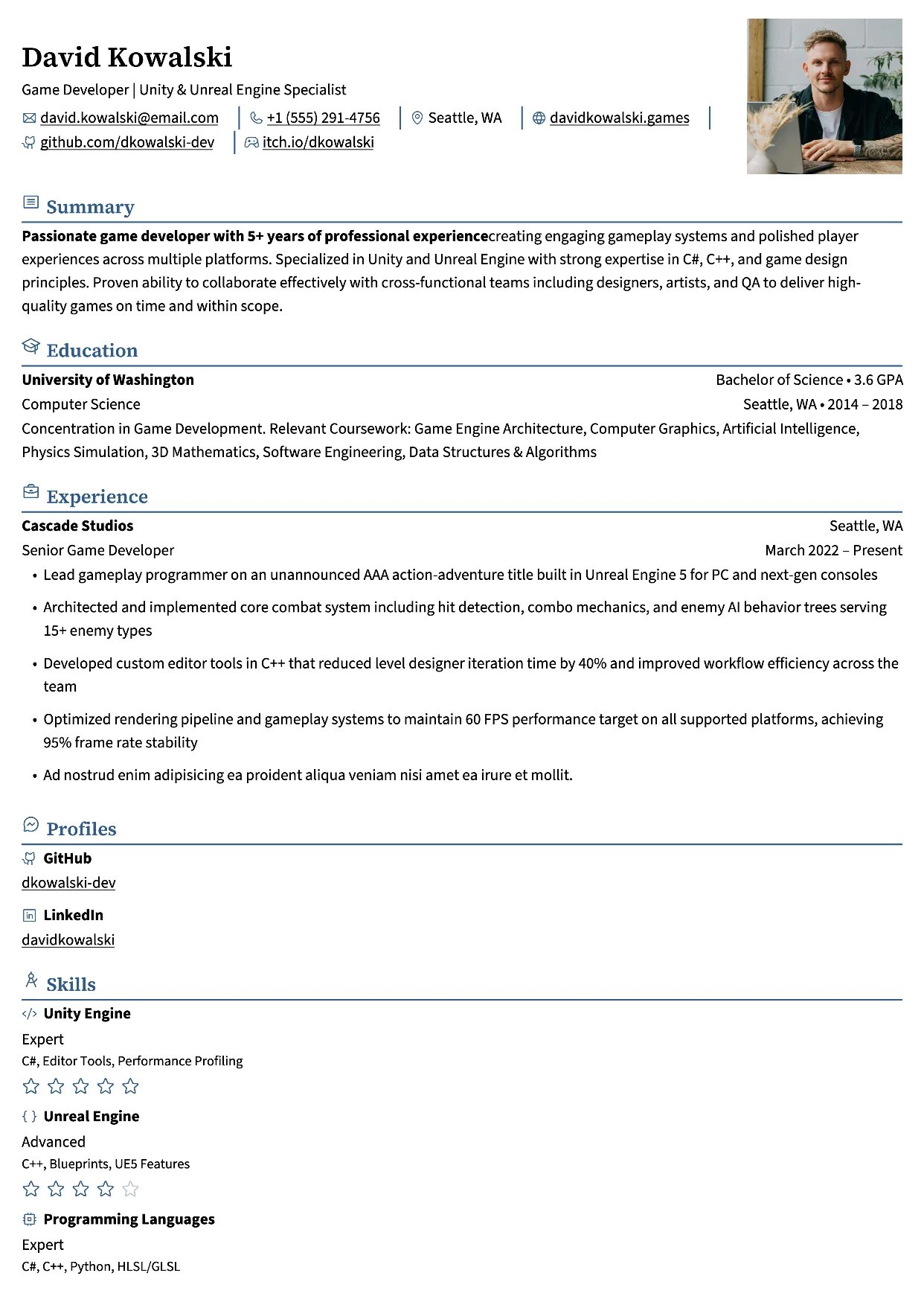 First page of a resume in the Rhyhorn template: minimal top header and one column