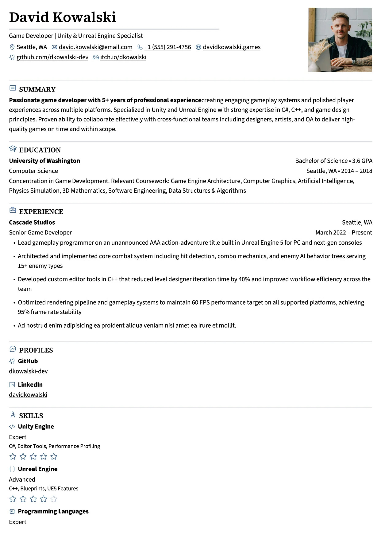 First page of a resume in the Scizor template: one column with uppercase section headings