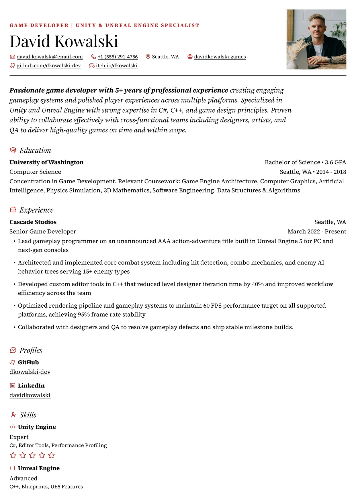 First page of a resume in the Smeargle template: a large serif name under a small uppercase kicker, an italic introduction and italic section headings