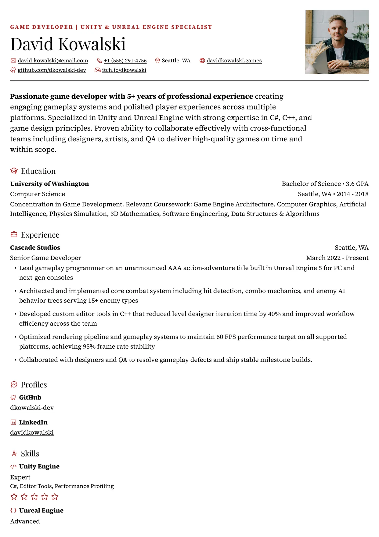 First page of a resume in the Smeargle template: a large name under a small uppercase kicker and a larger introduction
