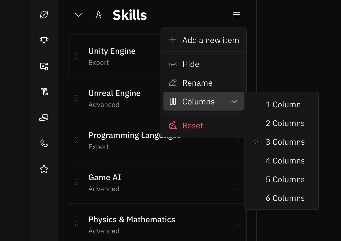 Screenshot of the columns setting for a section
