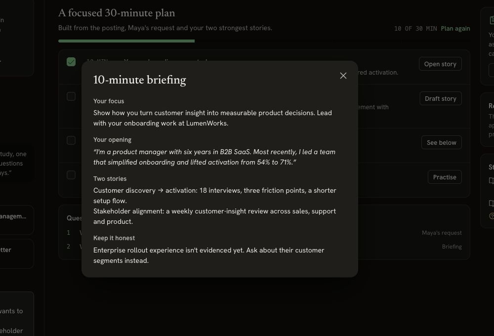 10-minute briefing with Your focus, Your opening, Two stories and Keep it honest, including an enterprise-experience gap