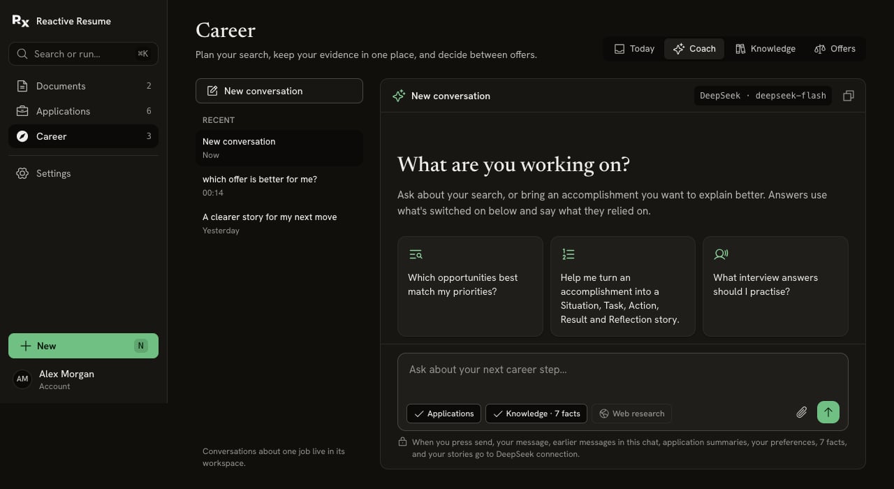Career coach with Applications and Knowledge enabled, Web research off, provider selection, conversation history and a privacy line