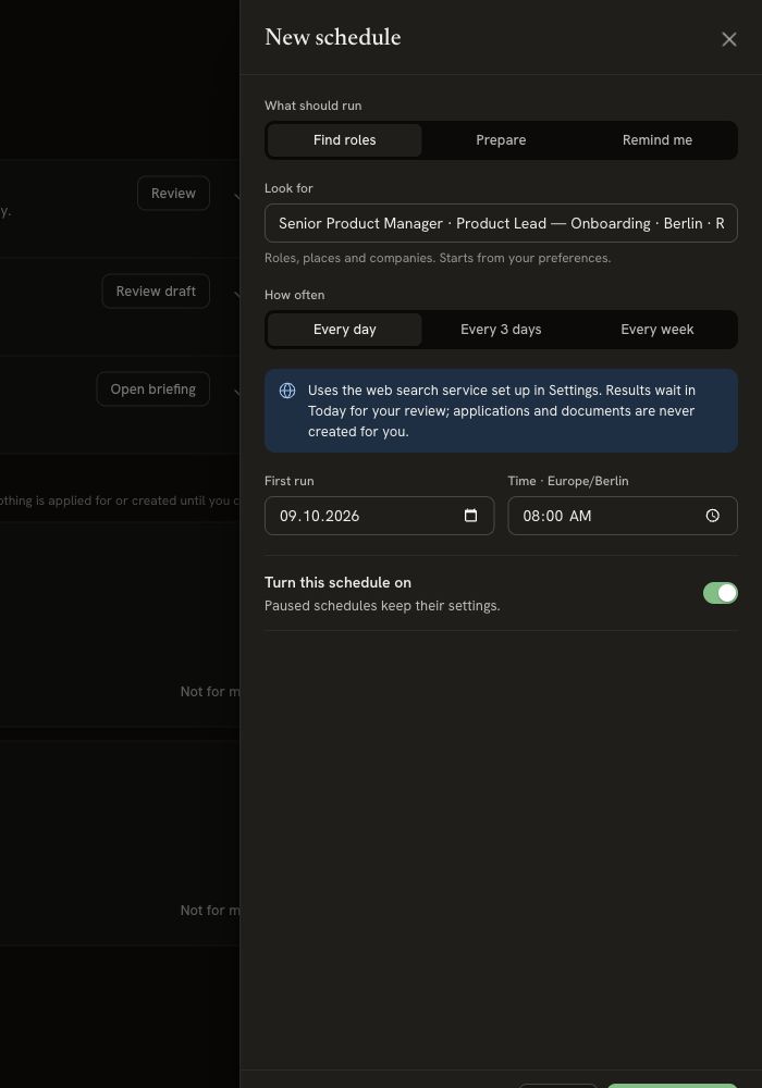 Find roles schedule with a search based on preferences, daily or less frequent choices, first-run date, timezone-aware time and an enabled schedule switch