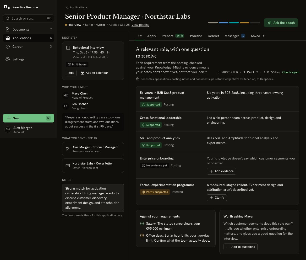 Fit table with Supported, Partly supported and No evidence yet rows, Posting and Inferred origins, evidence text and Add evidence or Clarify actions