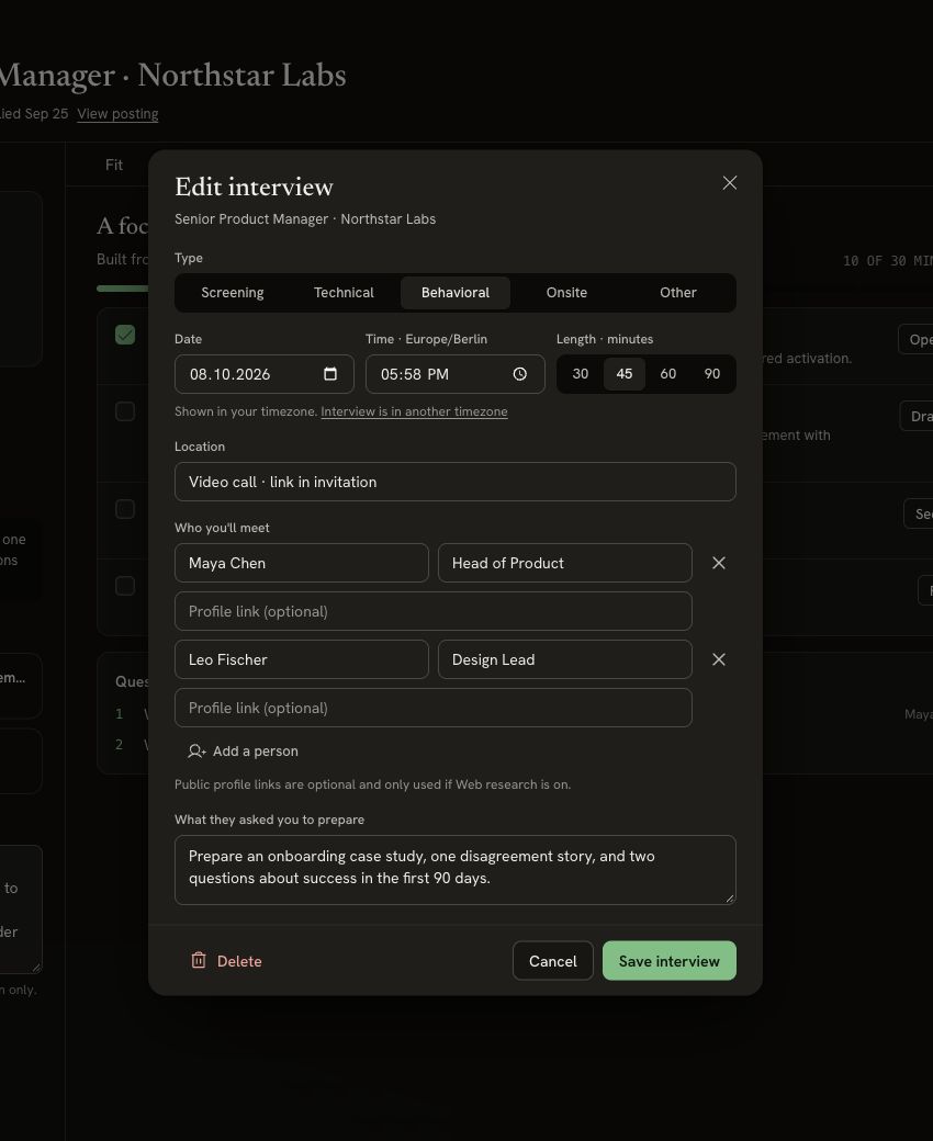 Edit interview form for Northstar Labs showing Behavioral, Date, Europe/Berlin time, a 45-minute length, two interviewers, preparation notes and Save interview