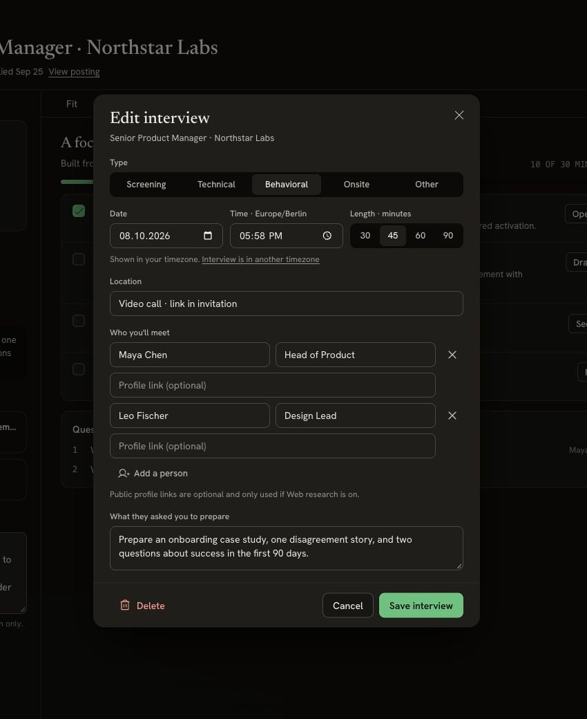 Edit interview form for Northstar Labs showing Behavioral, Date, Europe/Berlin time, a 45-minute length, two interviewers, preparation notes and Save interview