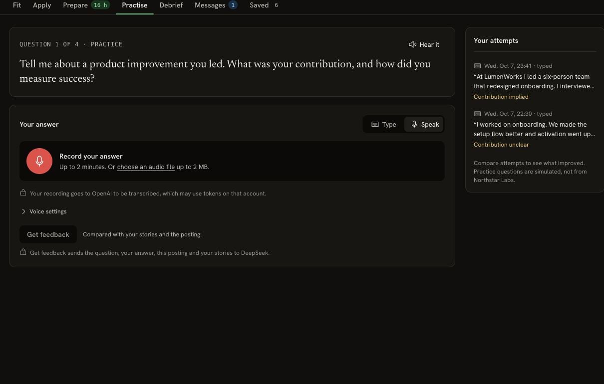 Practise tab in Speak mode with Record your answer, an audio-file option, a two-minute limit, OpenAI transcription notice and Voice settings