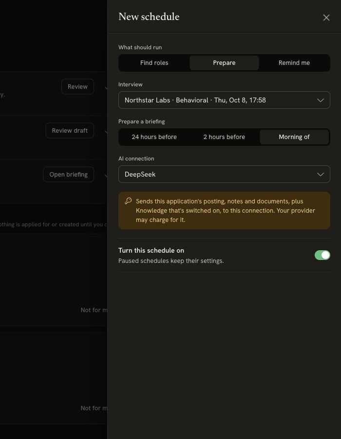 Prepare schedule with a selected interview, 24 hours before, 2 hours before and Morning of choices, an AI connection and Turn this schedule on