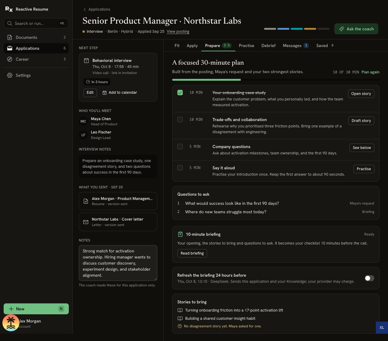 Prepare tab with a 30-minute plan, linked stories, a missing disagreement story, questions to ask, Read briefing and a briefing refresh switch