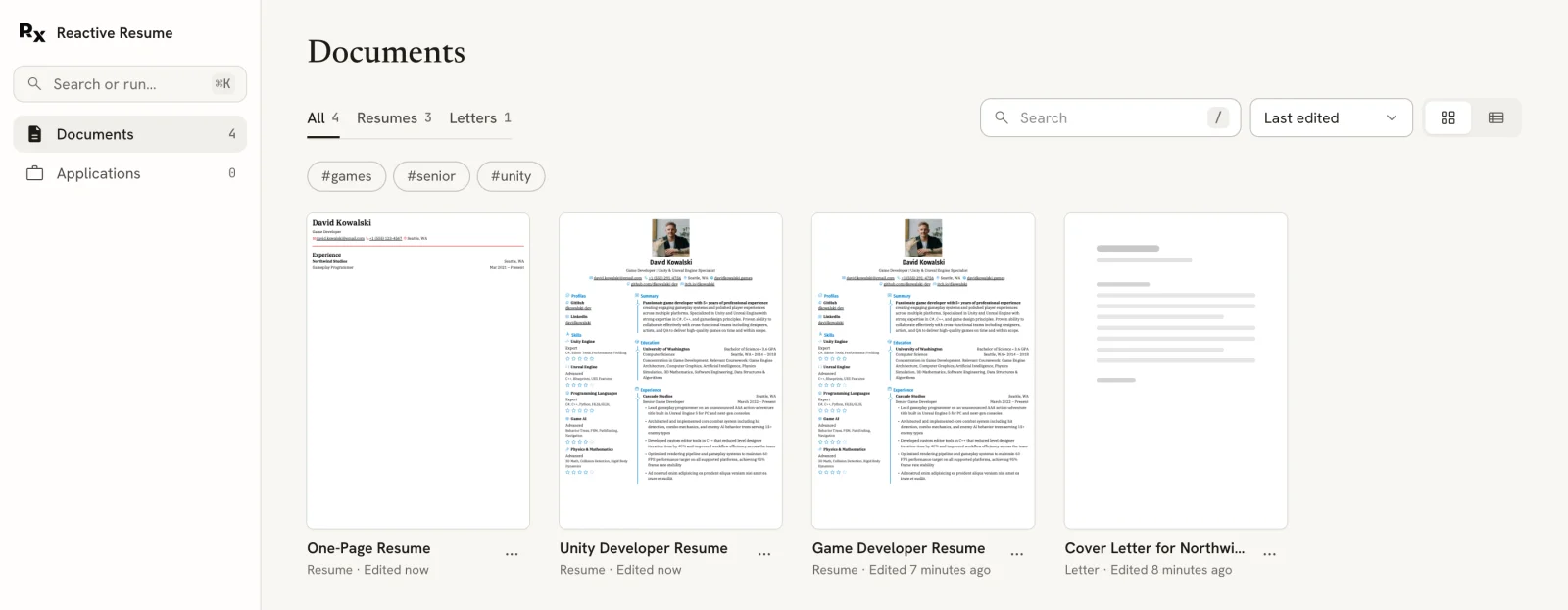 The Documents page with All, Resumes and Letters tabs, a search field, a sort menu, grid and list buttons, tag chips, and four document cards
