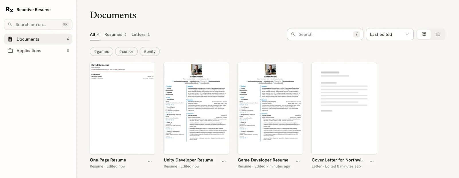 Documents with All, Resumes and Letters tabs, search, sorting, tag filters and a grid of resume and letter cards.