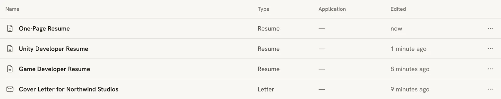 Documents in list view with columns for Name, Type, Application and Edited, and a menu button at the end of each row