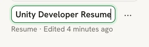 A document card with its name field in edit mode showing Unity Developer Resume