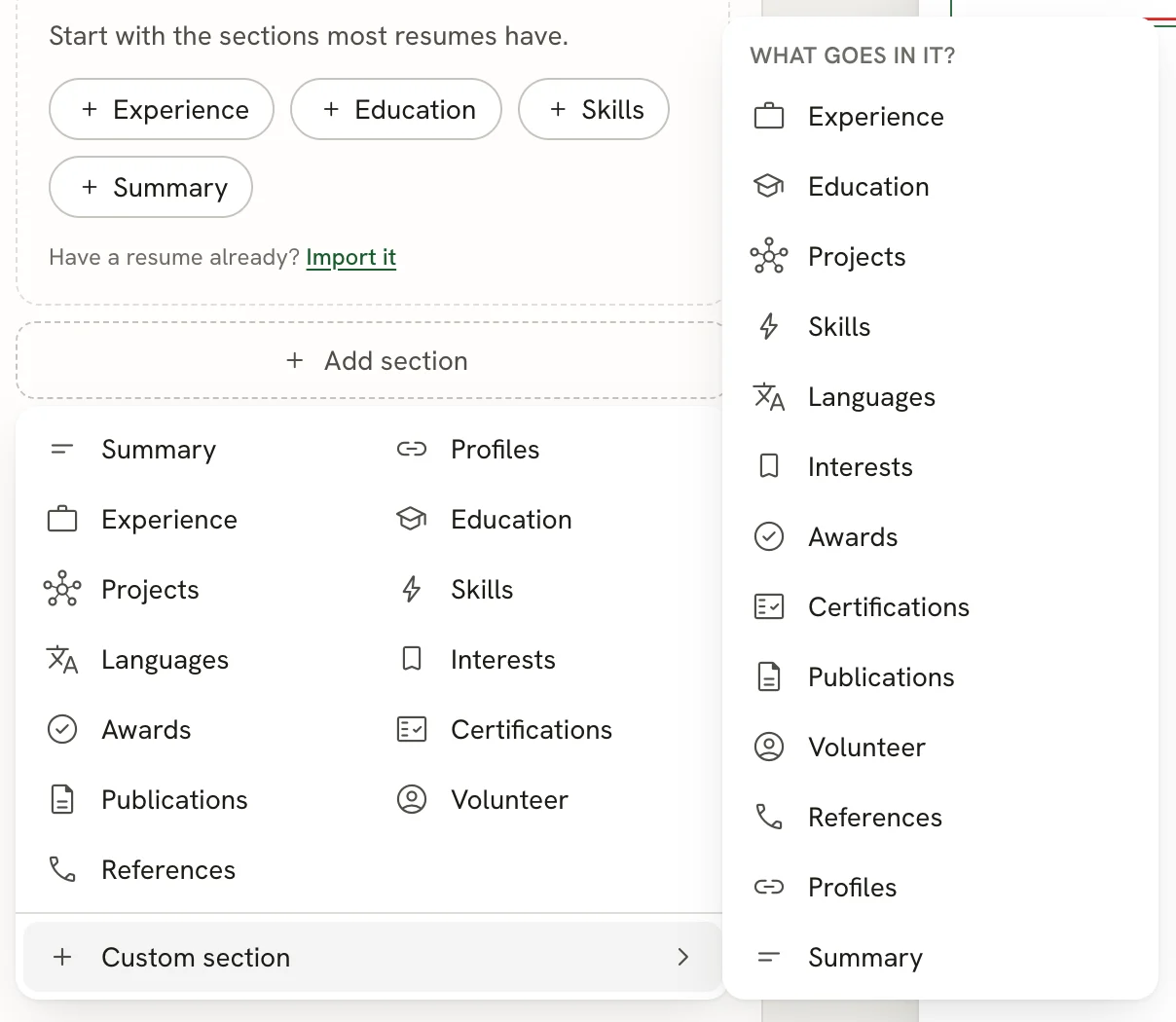 The Add section menu listing built-in sections in two columns, and the Custom section submenu open beside it under the heading What goes in it?, listing thirteen section types.