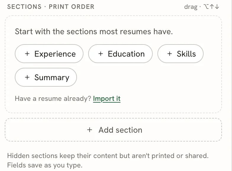 The empty sections list on a blank resume, with buttons for Experience, Education, Skills and Summary, an Import it link, and the Add section button below.