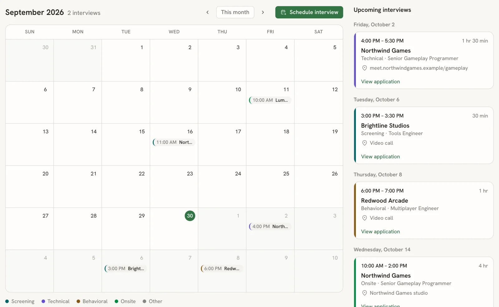 Calendar view for September 2026 with interview chips on several days, the Schedule interview button, and an Upcoming interviews list with cards for Northwind Games, Brightline Studios and Redwood Arcade