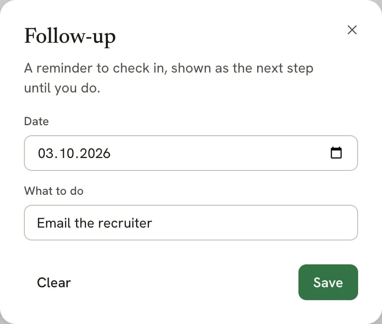 Follow-up dialog with Date set to 03.10.2026, What to do set to Email the recruiter, and Clear and Save buttons