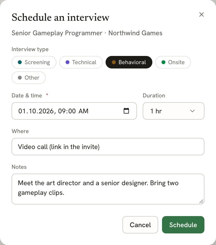 Schedule an interview dialog for Senior Gameplay Programmer at Northwind Games, with Behavioral selected as the interview type, a date and time, a 1 hr duration, Where set to a video call, notes, and Cancel and Schedule buttons