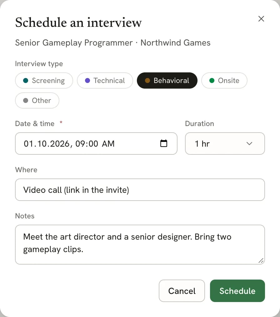 Schedule an interview dialog for Senior Gameplay Programmer at Northwind Games, with Behavioral selected as the interview type, a date and time, a 1 hr duration, Where set to a video call, notes, and Cancel and Schedule buttons