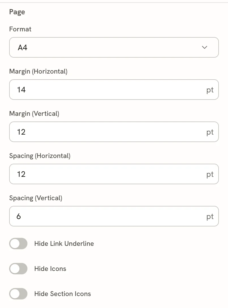 The Advanced Page section with Margin (Horizontal) 14 pt, Margin (Vertical) 12 pt, Spacing (Horizontal) 12 pt, Spacing (Vertical) 6 pt, and switches for Hide Link Underline, Hide Icons and Hide Section Icons