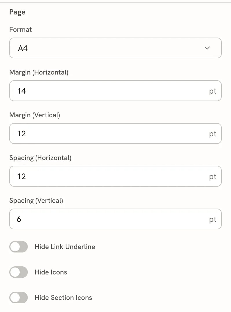 The Advanced Page section with Margin (Horizontal) 14 pt, Margin (Vertical) 12 pt, Spacing (Horizontal) 12 pt, Spacing (Vertical) 6 pt, and switches for Hide Link Underline, Hide Icons and Hide Section Icons