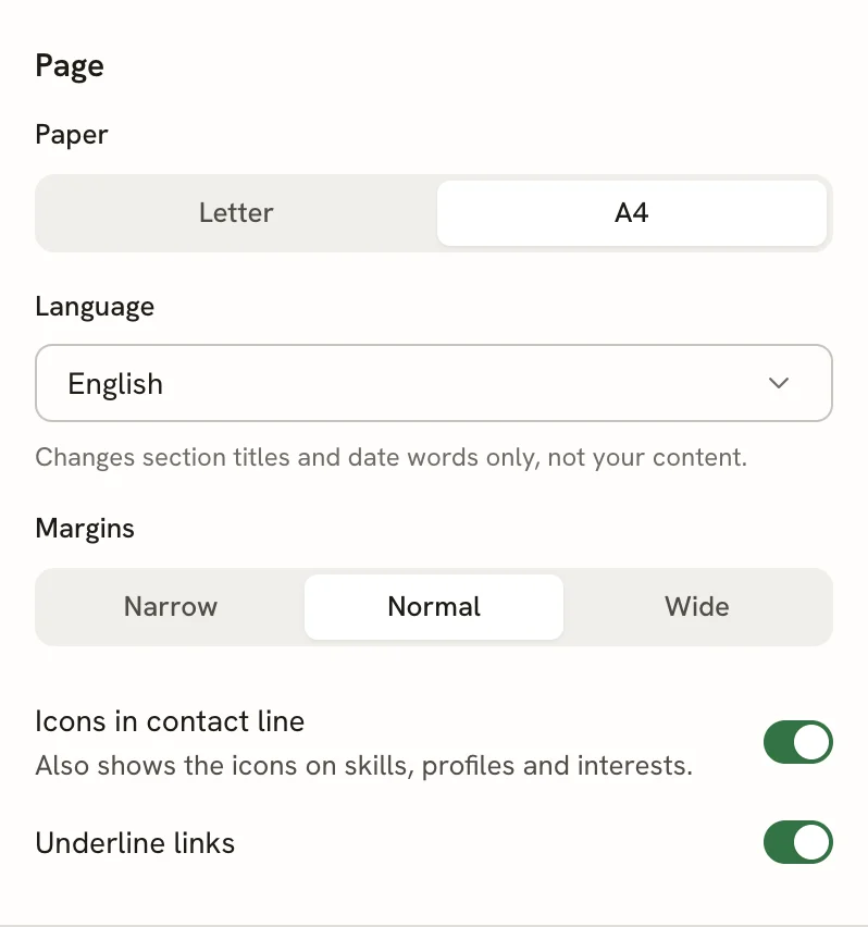 The Page group with Paper set to A4 (the other options are Letter and Free-form), Language set to English with the hint Changes section titles and date words only, not your content, Margins set to Normal, and the Icons in contact line and Underline links switches both on