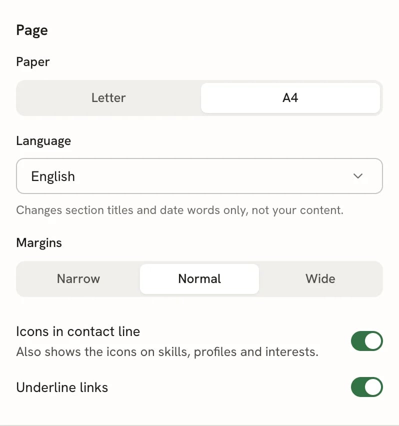 The Page group with Paper set to A4 (the other options are Letter and Free-form), Language set to English with the hint Changes section titles and date words only, not your content, Margins set to Normal, and the Icons in contact line and Underline links switches both on