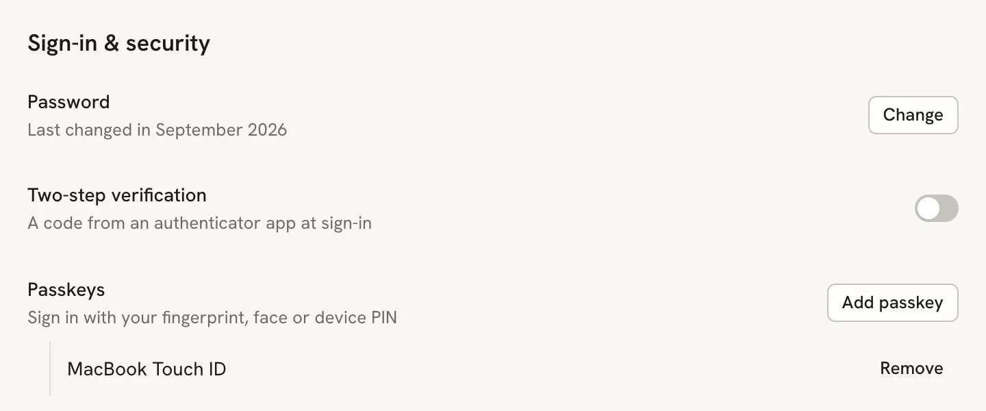 The Sign-in and security section with a passkey named MacBook Touch ID listed under Passkeys, with a Remove button