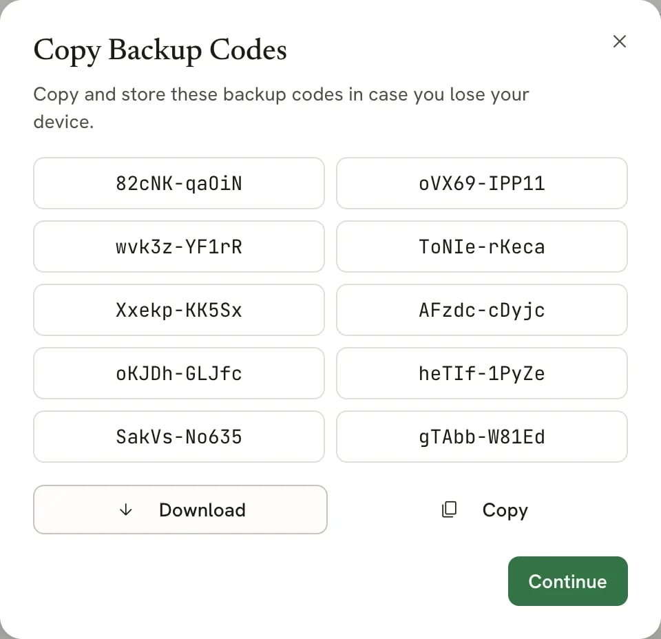 The Copy Backup Codes dialog listing ten codes in two columns, with Download, Copy and Continue buttons