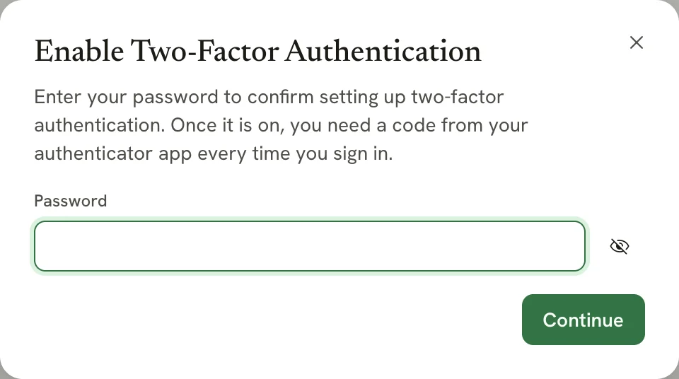The Enable Two-Factor Authentication dialog asking for your password, with a Continue button