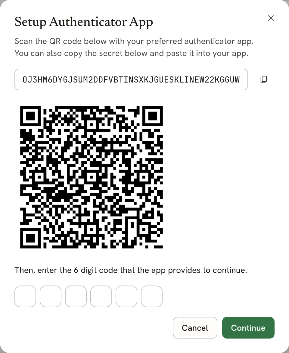 The Setup Authenticator App dialog with a secret key and copy button, a QR code, six code boxes, and Cancel and Continue buttons