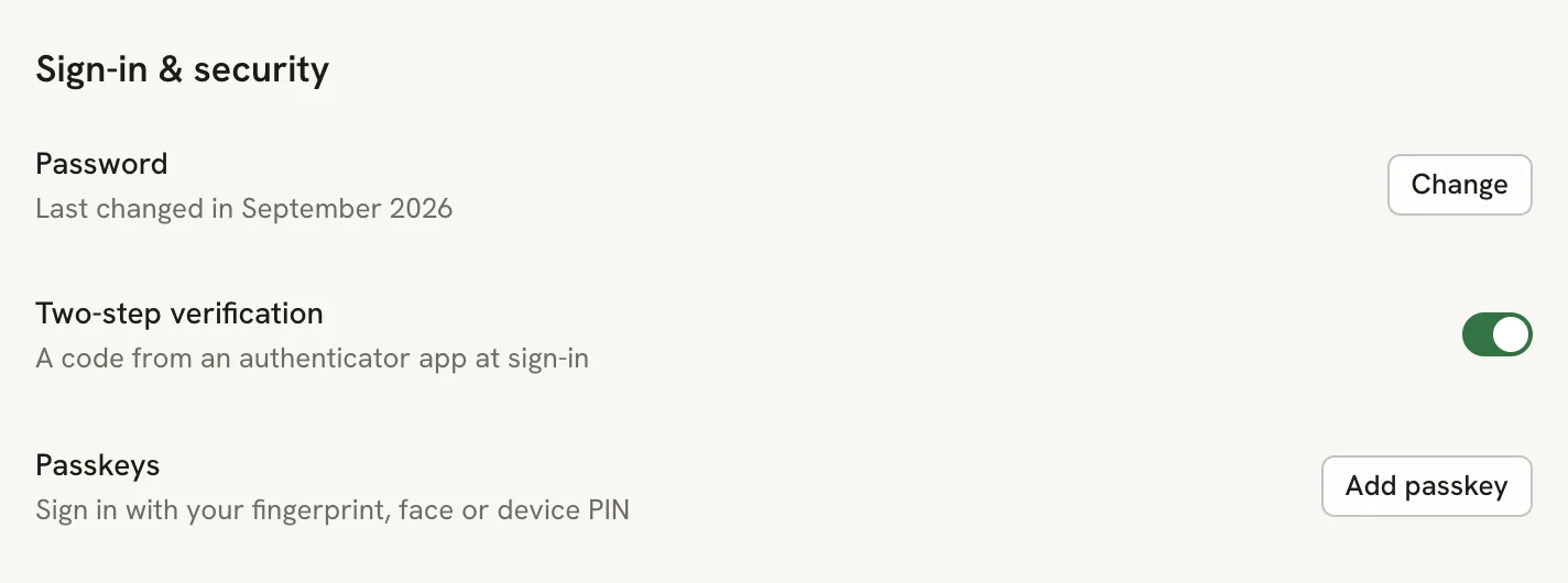 The Sign-in and security section with the Two-step verification switch turned on