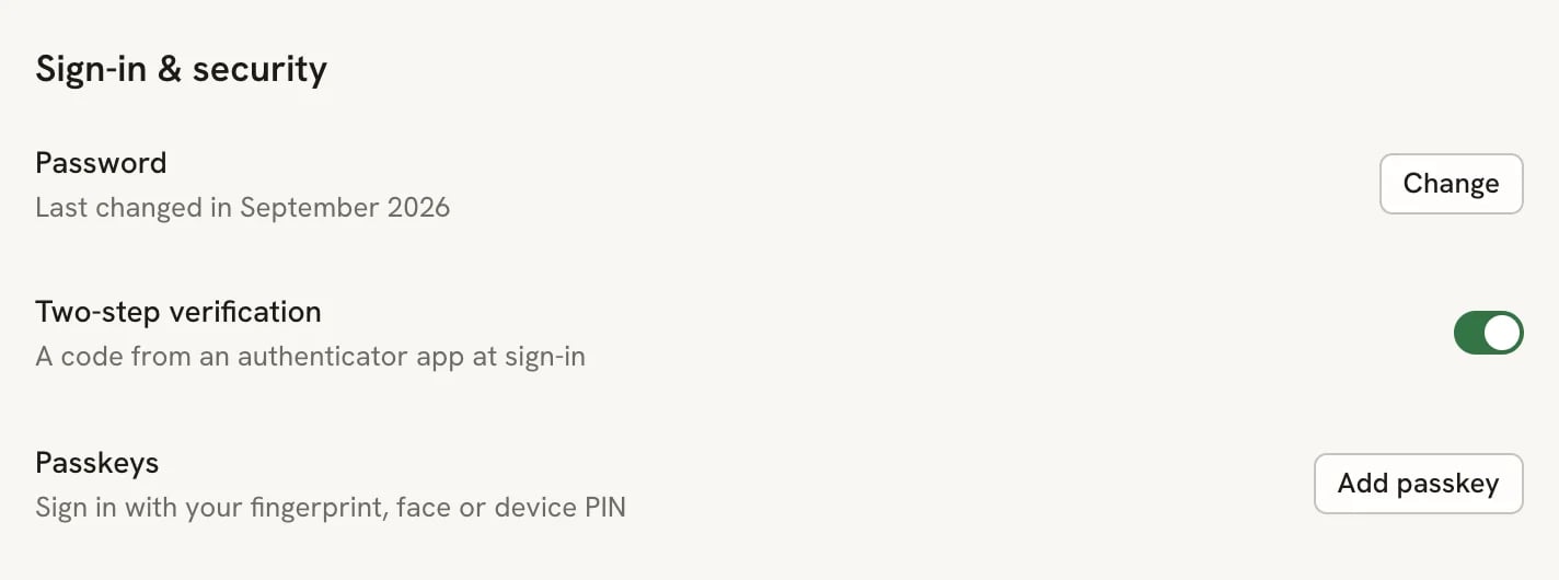 The Sign-in and security section with the Two-step verification switch turned on
