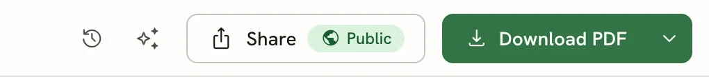 Editor bar with the History and Assistant icons, a Share button with a green Public badge, and the Download PDF button