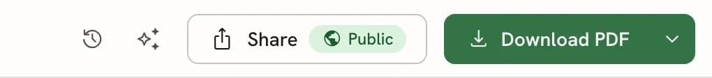 Editor bar with the History and Assistant icons, a Share button with a green Public badge, and the Download PDF button
