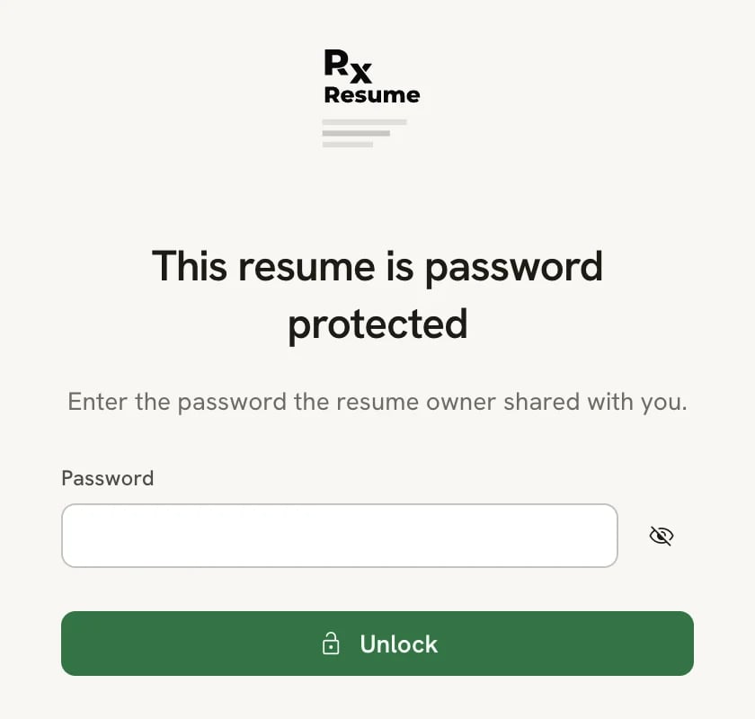 Page titled This resume is password protected, with a Password field and an Unlock button