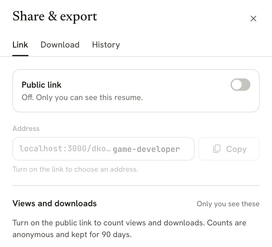 Link tab of the Share and export sheet with the Public link switch off, a greyed-out Address field and a message about counting views