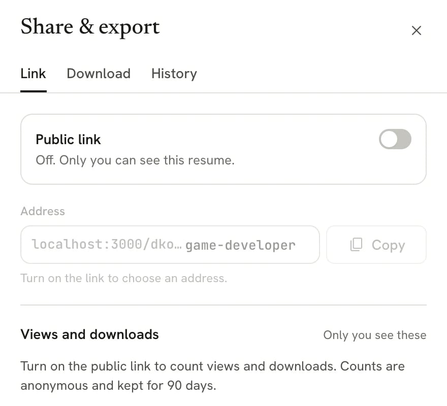 Link tab of the Share and export sheet with the Public link switch off, a greyed-out Address field and a message about counting views