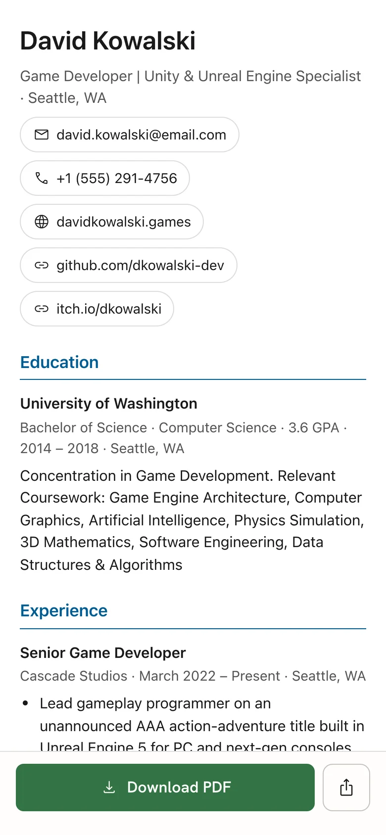 Public resume on a phone screen, reflowed into text with contact buttons, Education and Experience sections, and a pinned Download PDF button