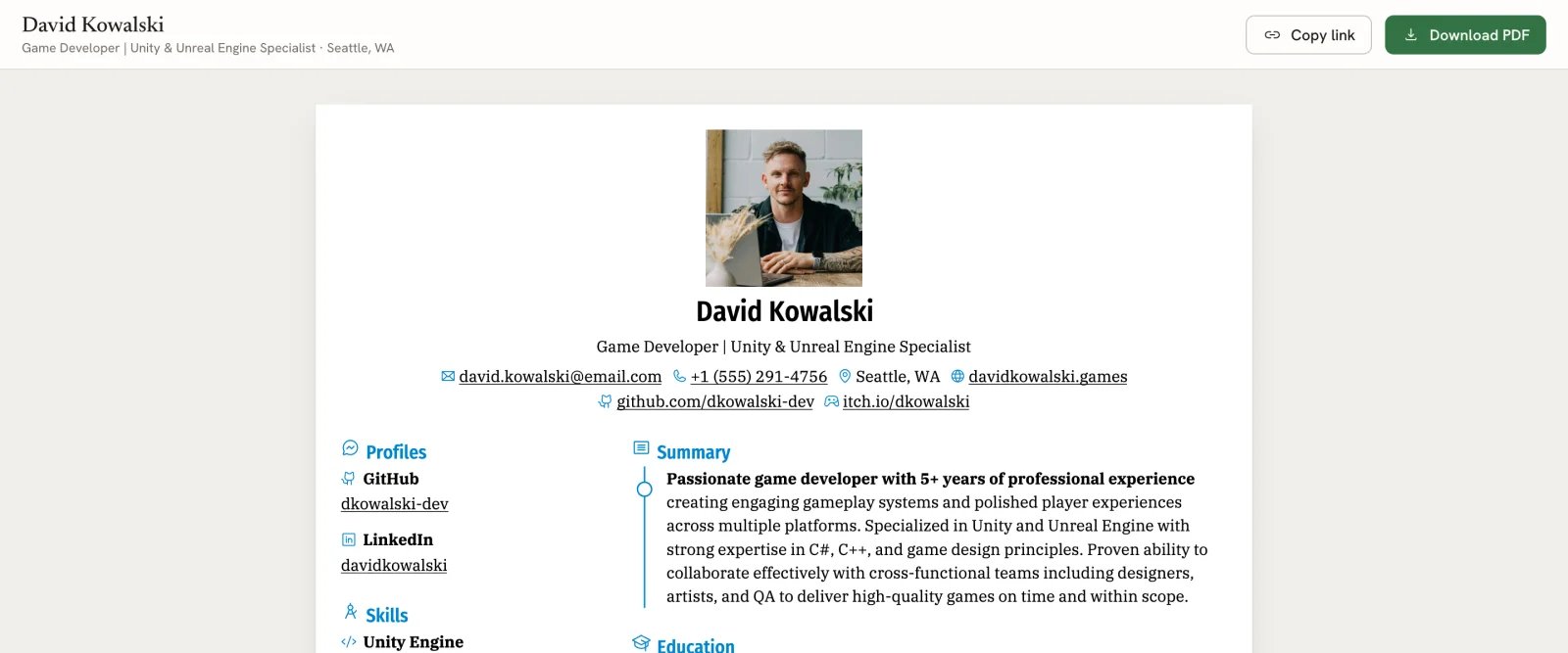 Public resume page with David Kowalski's name and headline in a top bar, Copy link and Download PDF buttons, and the resume page below