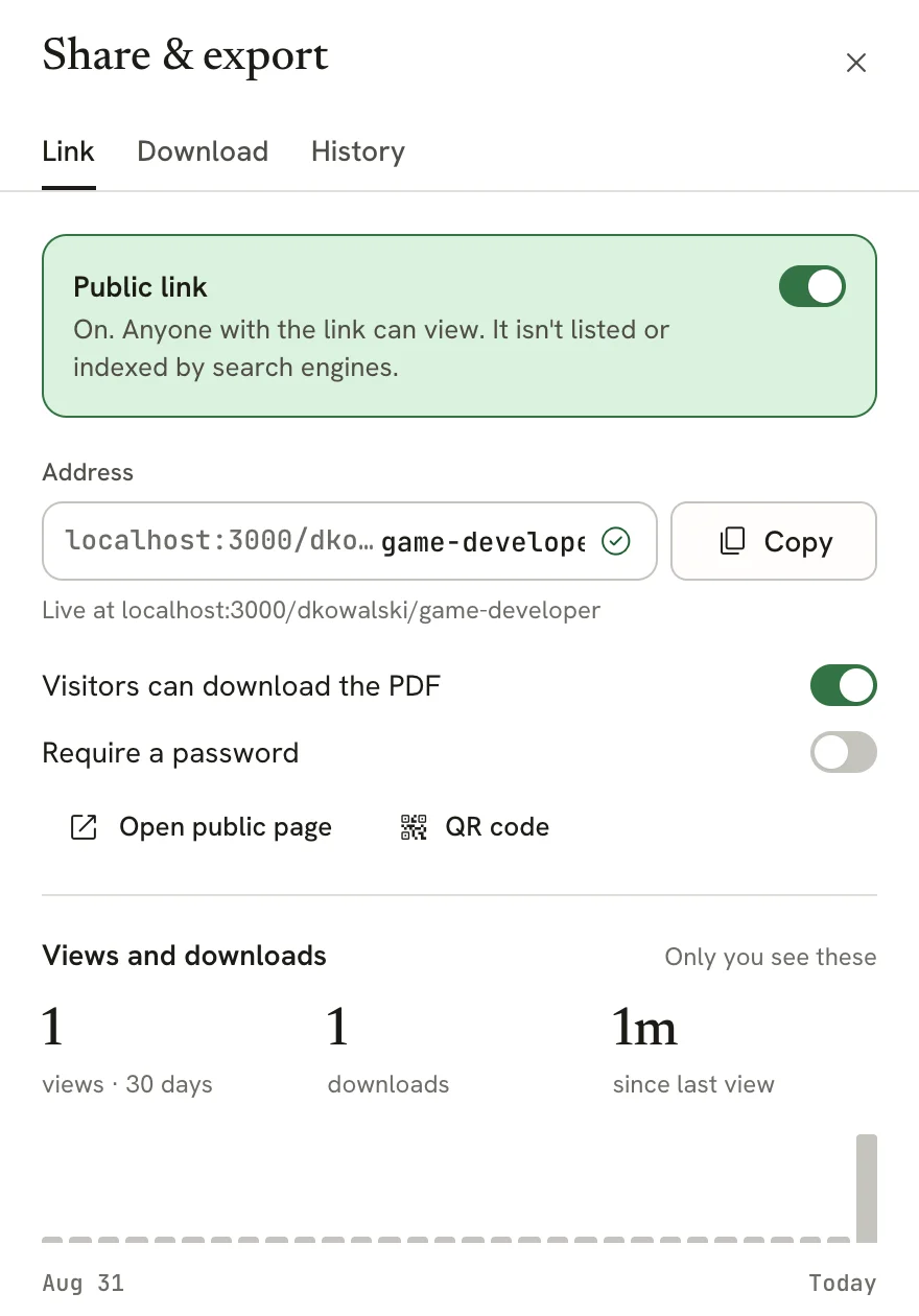 Link tab with Public link on, the address and a Copy button, switches for visitor downloads and a password, Open public page and QR code buttons, and view and download counts