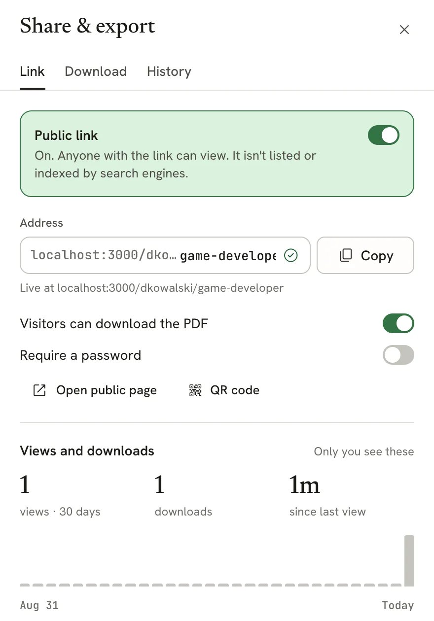 Link tab with Public link on, the address and a Copy button, switches for visitor downloads and a password, Open public page and QR code buttons, and view and download counts