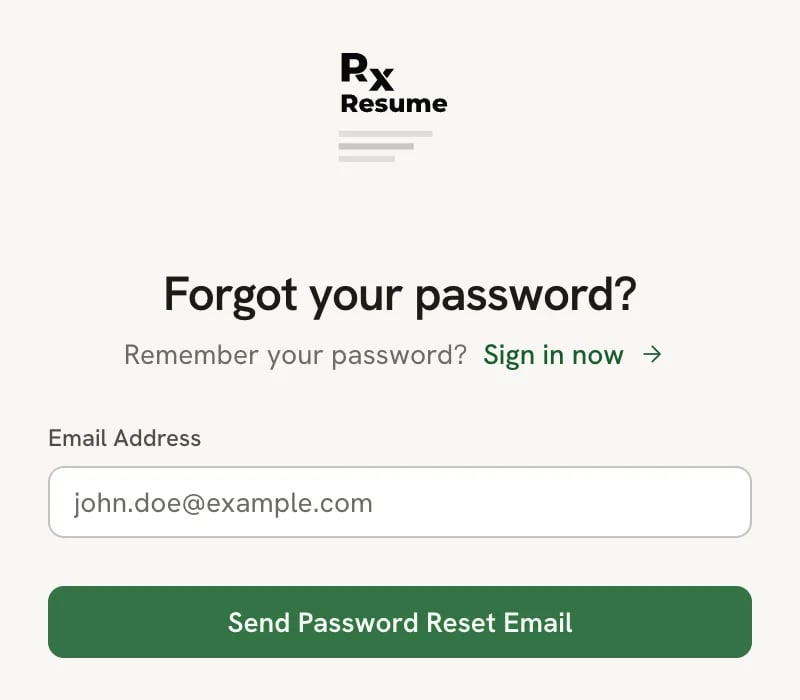 The Forgot your password? page with an Email Address field and a Send Password Reset Email button