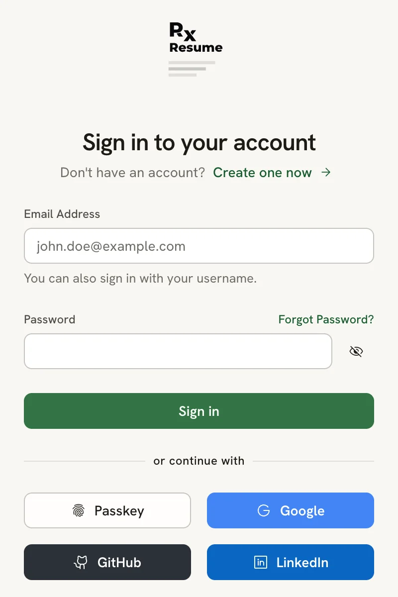 The Sign in to your account page with Email Address and Password fields, a Forgot Password? link, a Sign in button, and Passkey, Google, GitHub and LinkedIn buttons