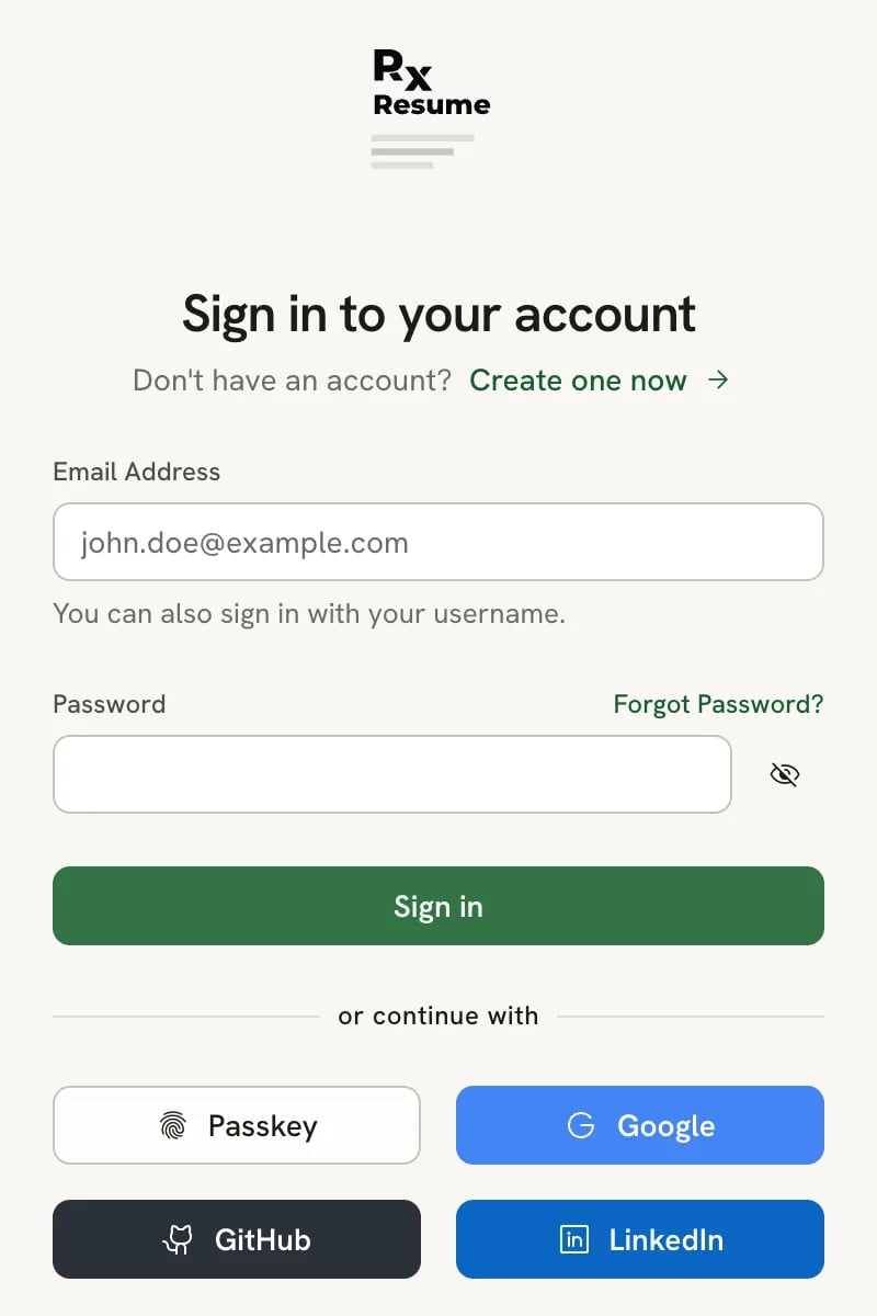 The Sign in to your account page with Email Address and Password fields, a Forgot Password? link, a Sign in button, and Passkey, Google, GitHub and LinkedIn buttons