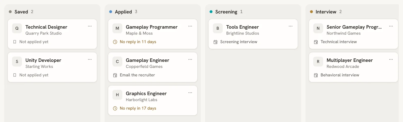 Board view with Saved, Applied, Screening and Interview columns, each card showing the role, company and next step