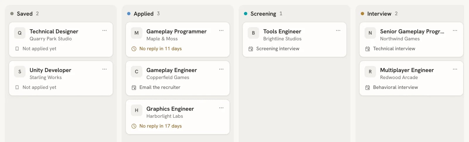 Board view with Saved, Applied, Screening and Interview columns, each card showing the role, company and next step
