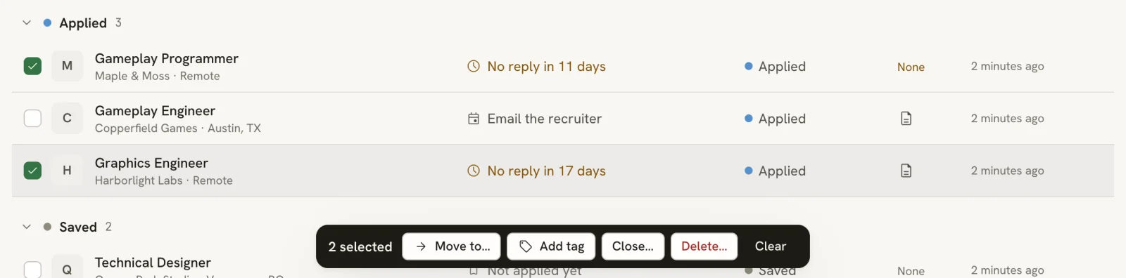 Two application rows checked in the List view and a dark bar reading 2 selected with Move to…, Add tag, Close…, Delete… and Clear